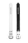 Two 1.5" wide white leather armbands are laid out to reveal both the front details and back leather lining.