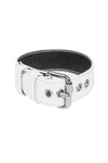 A 1.5" wide white leather armbelt with stainless steel hardware, in a coil.
