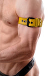 Zoomed shot of a male model from the side, dressed in a 1.5" wide CLASSIC ARMBELT - Yellow with a matte black buckle.