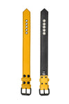 Flat-laid 1.5" wide CLASSIC ARMBELT - Yellow with matte black hardware with both sides showing.