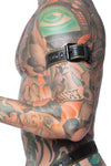 Detailed side view of a model wearing a COMBAT ARMBELT - Army Green finished with matte black hardware.