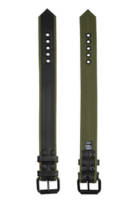 A side-by-side display of both sides of a 1.5" wide COMBAT ARMBELT - Army Green with matte black hardware.