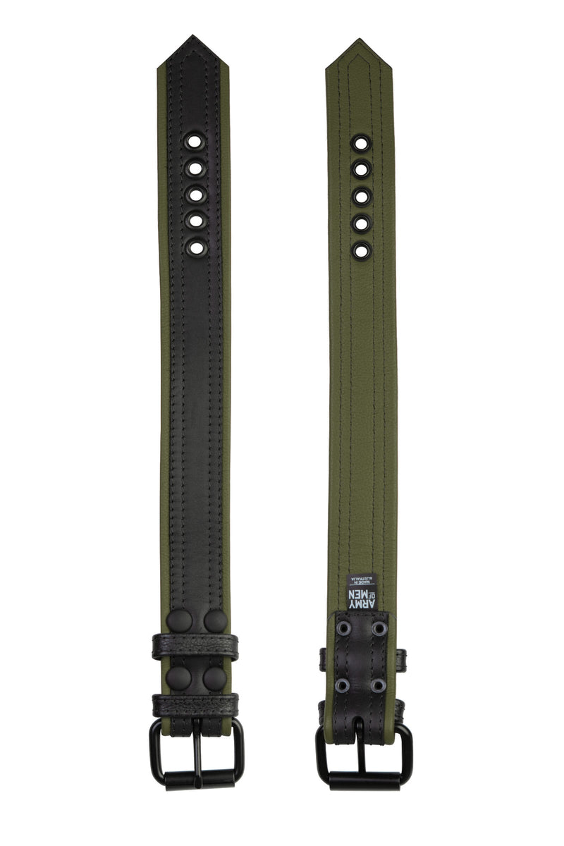 A side-by-side display of both sides of a 1.5" wide COMBAT ARMBELT - Army Green with matte black hardware.