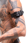 Side zoom-in on a 1.5" wide Asian model styled in a COMBAT ARMBELT - Black with matte black hardware.