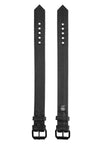 Two 1.5" wide black leather buckled armbands are laid out to reveal both the front details and back leather lining.