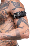 Detailed side view of a model wearing a COMBAT ARMBELT - Stainless Steel finished with stainless steel hardware.
