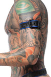 Zoomed shot of a male model from the side, dressed in a 1.5" wide COMBAT ARMBELT - Blue with a matte black buckle.