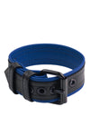 A 1.5" wide COMBAT ARMBELT - Blue with matte black hardware standing in a ring shape.