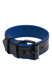A 1.5" wide COMBAT ARMBELT - Blue with matte black hardware standing in a ring shape.