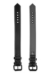 Dual view of a black and grey leather armband with matte black buckle showing front and lining.