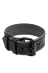 A 1.5" wide black and grey leather armband belt with matte black hardware, curled into a ring.