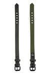Dual view of a black and army green leather armband belt with matte black buckle showing front and lining.