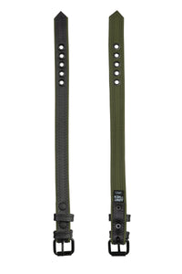 Dual view of a black and army green leather armband belt with matte black buckle showing front and lining.