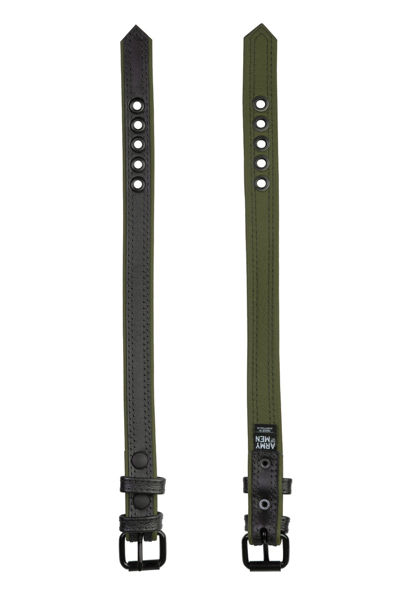 Dual view of a black and army green leather armband belt with matte black buckle showing front and lining.