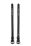 Flat-laid, two black leather armband belts with matte black details showing the front surface and smooth black lining.