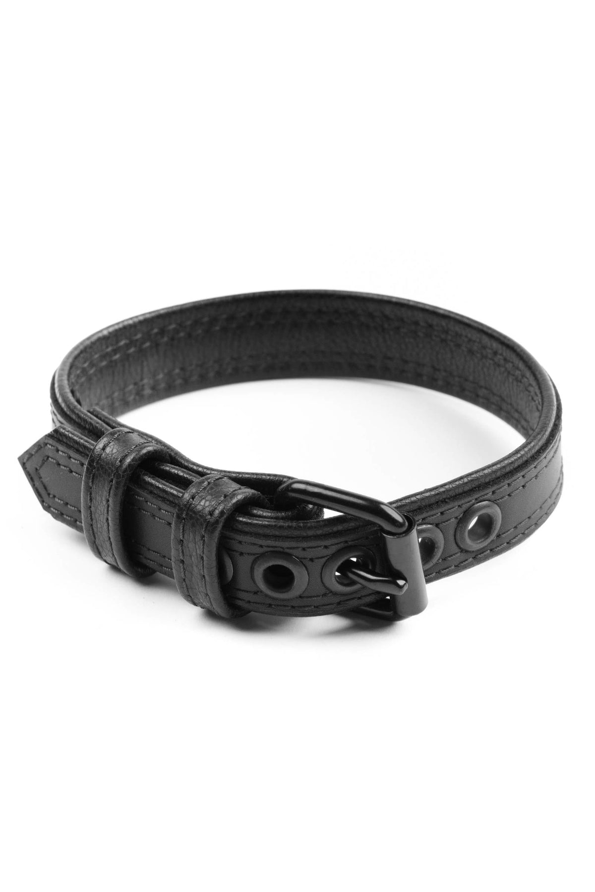 Two 1" wide black leather armbelt are laid out to reveal both the front