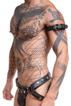 A black leather armbelt featuring stainless steel buckle styled on a male model, profile view.