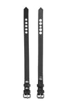 Two 1" wide black leather armbelts are laid out to reveal both the front details and back leather lining.