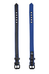 Flat-laid, two black and blue leather armbelt with matte black details showing the front surface and lining.