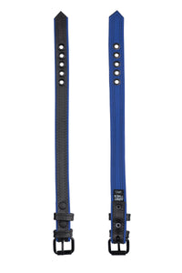 Flat-laid, two black and blue leather armbelt with matte black details showing the front surface and lining.