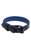 A coiled 1" wide black and blue leather buckled armband with matte black hardware.