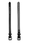 Two black and grey leather armband belt with matte black hardware are positioned flat, showing both sides.