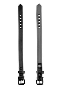 Two black and grey leather armband belt with matte black hardware are positioned flat, showing both sides.