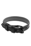 A 1" wide black and grey leather armband belt with matte black buckle, looped into a ring.
