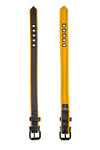 Two black and yellow leather buckled armband with matte black components laid flat, showing outer leather and inner lining.