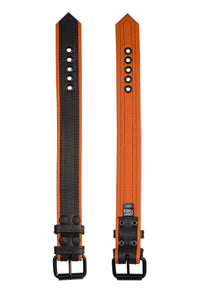 A 1.5" wide COMBAT ARMBELT - Orange with matte black hardware positioned flat, front and lining views.