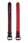 Top and bottom perspectives of a black and red leather armband finished with matte black hardware.