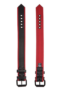 Top and bottom perspectives of a black and red leather armband finished with matte black hardware.