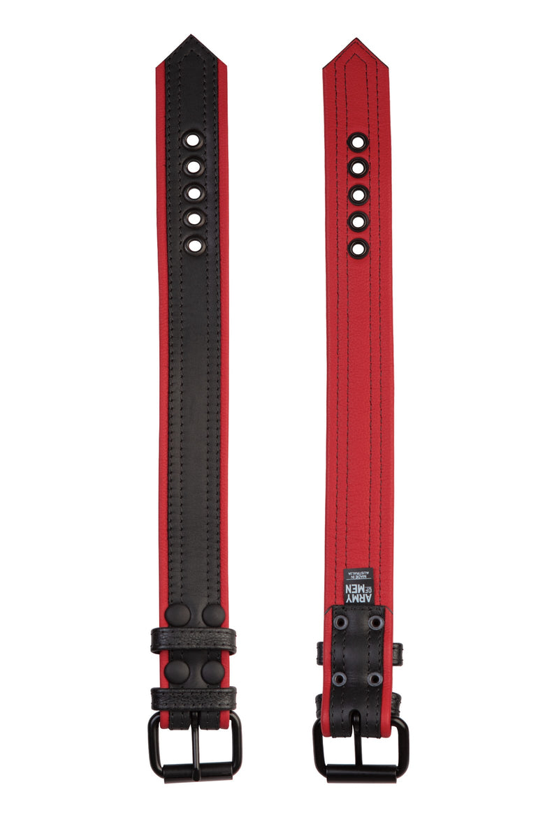 Top and bottom perspectives of a black and red leather armband finished with matte black hardware.