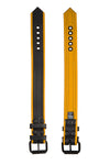 Two flat-laid 1.5" wide black and yellow leather armband with matte black buckle showing both front and back.