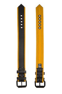 Two flat-laid 1.5" wide black and yellow leather armband with matte black buckle showing both front and back.