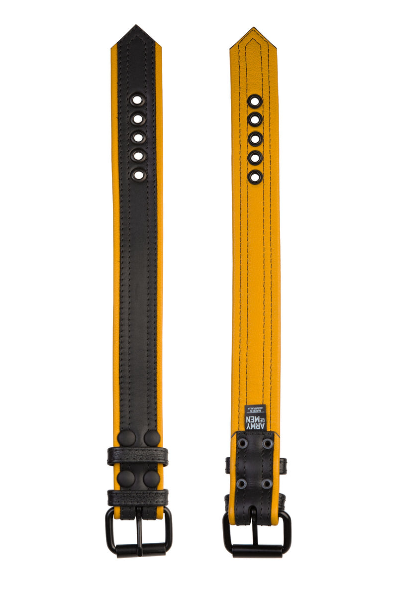 Two flat-laid 1.5" wide black and yellow leather armband with matte black buckle showing both front and back.