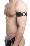 An army green and black leather armband with matte black hardware on a muscular model, captured from the side.