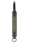 Flat-fronted display of a 2" wide army green and black leather armband featuring matte black components.