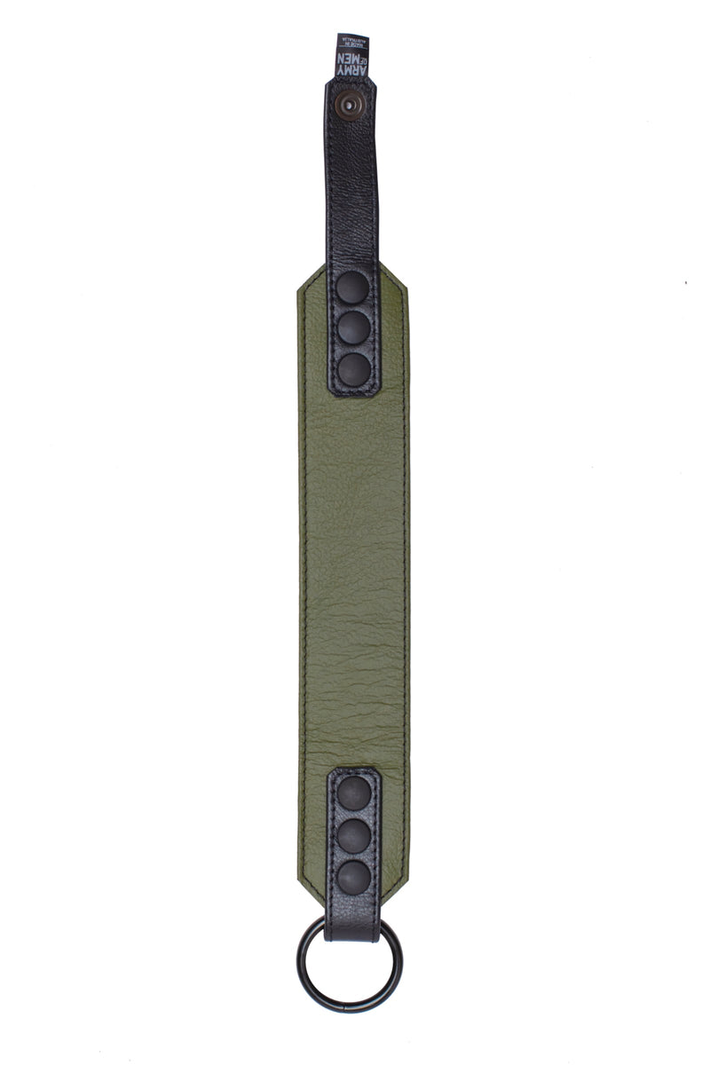 Flat-fronted display of a 2" wide army green and black leather armband featuring matte black components.