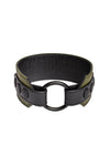An army green and black leather armband with matte black components, coiled into a loop.