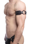 A black leather armband with matte black accents on a model, side view.