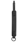 Flat-laid and facing up, a 2" wide black leather armband with matte black hardware.