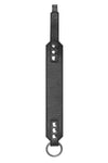Flat top-view capture of a 2" wide black leather armbands with stainless steel hardware.