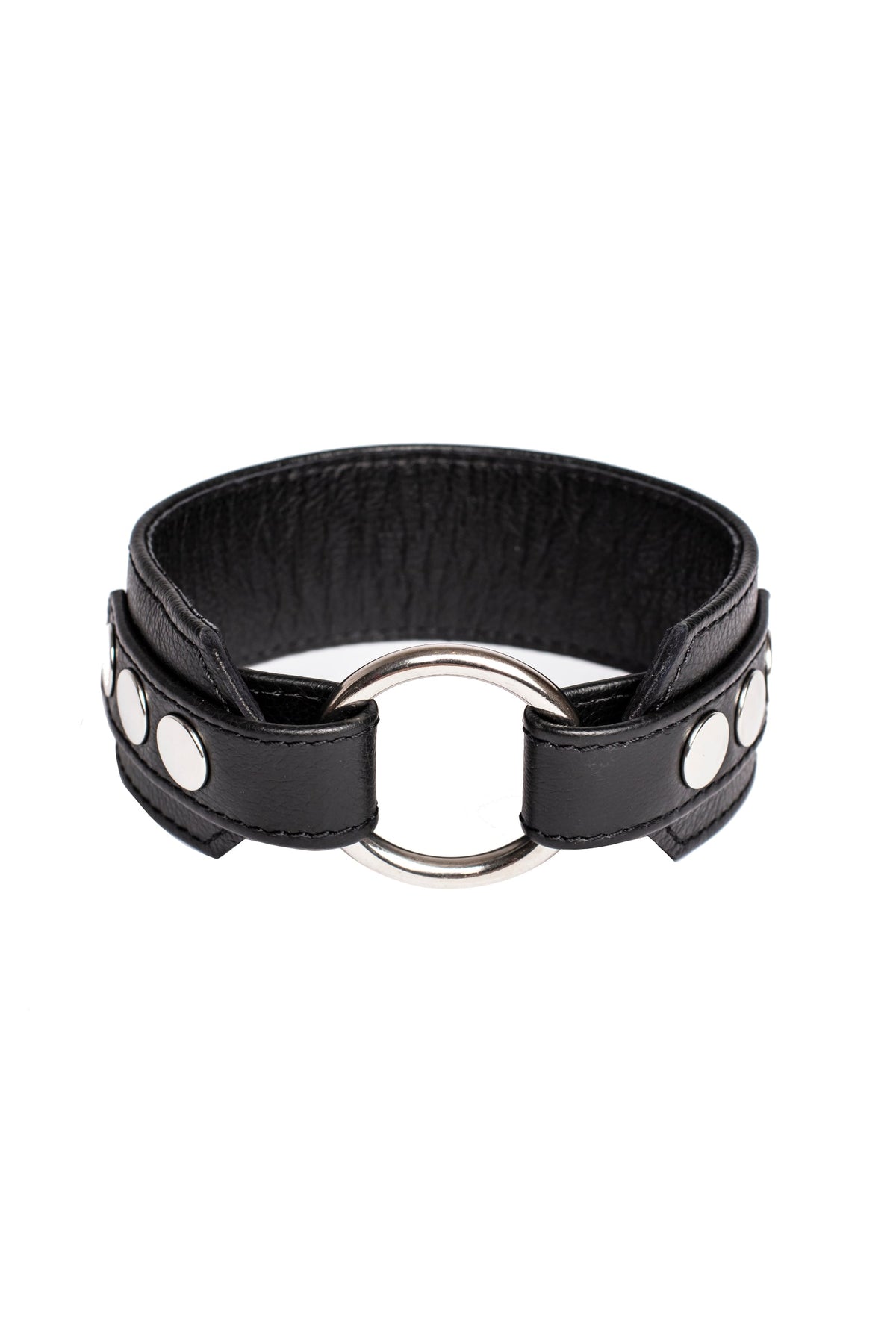 Two 2" wide black leather armband are laid out to reveal both the front
