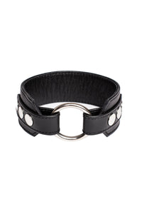 Two 2" wide black leather armband are laid out to reveal both the front