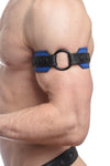 Zoomed side shot showing a model styled in a 2" wide blue and black leather armband with matte black hardware.