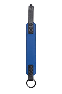 Full flat view of a 2" wide O-RING ARMBAND - Blue highlighting matte black hardware.