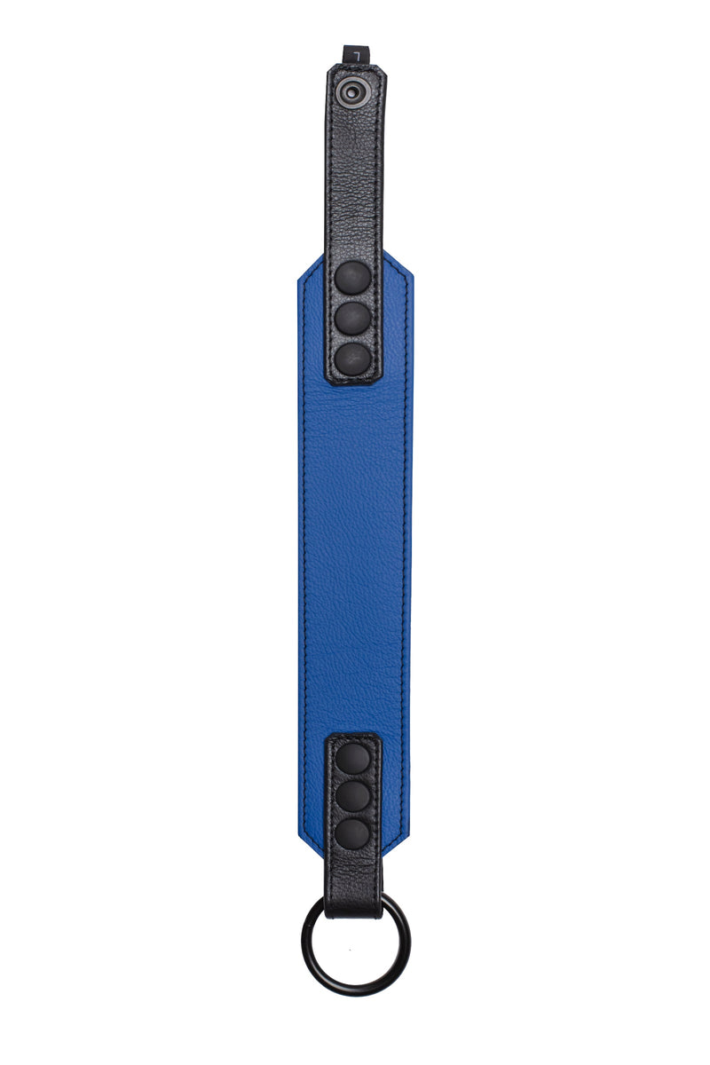 Full flat view of a 2" wide O-RING ARMBAND - Blue highlighting matte black hardware.