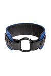 A 2" wide O-RING ARMBAND - Blue with matte black hardware standing in a ring shape.