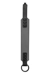 Displayed flat, the 2" wide grey and black leather armband features matte black hardware.